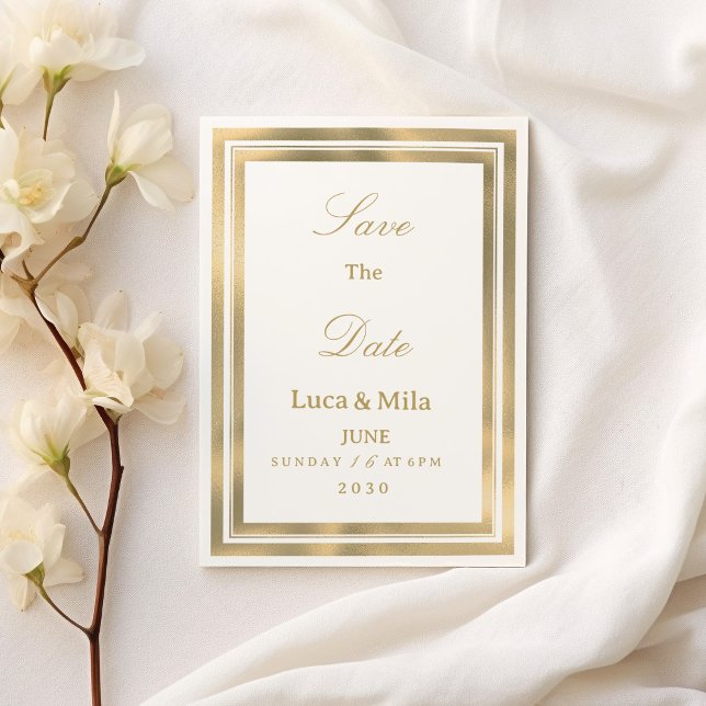 Luxuoso convite Save the Date com moldura geométri (Luxury white gold geometric frame Save the Date )