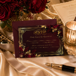 Luxuoso RSVP de Casamento com Rosa Dourada Burgund