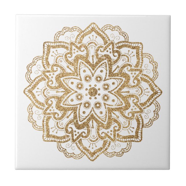 Luxurioso Faux Dourado Glitter Boho Mandala White (Frente)