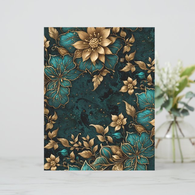 Luxurious & Elegant Teal Gold Marble Floral Paper (Em pé/Frente)