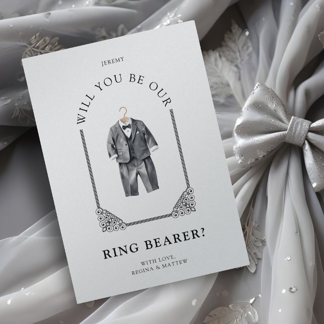 Luxurious Ring Bearer Black Suit Ornate Dome (Luxurious Ring Bearer Black Suit Ornate Dome Dome Arch Effect Proposal Card. )