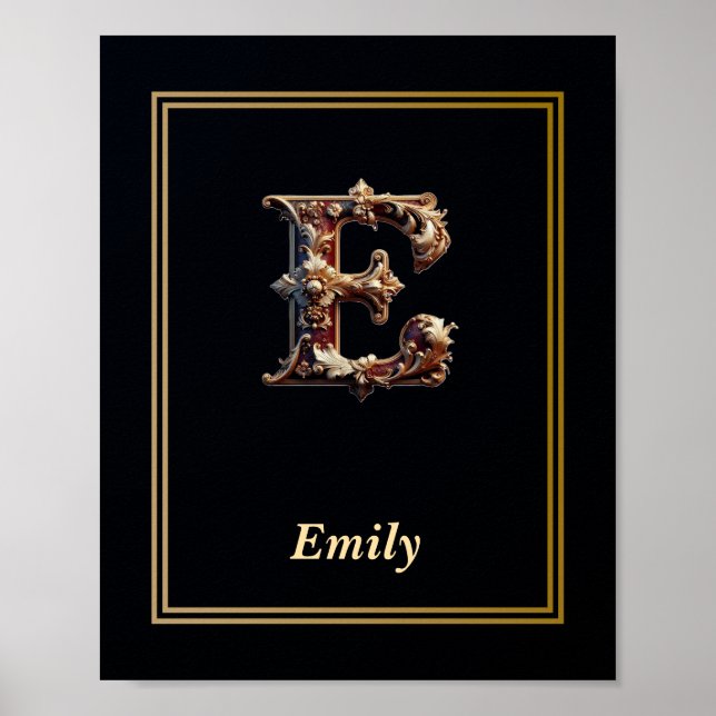 Luxury Baroque Letter E Monogram Poster  (Frente)