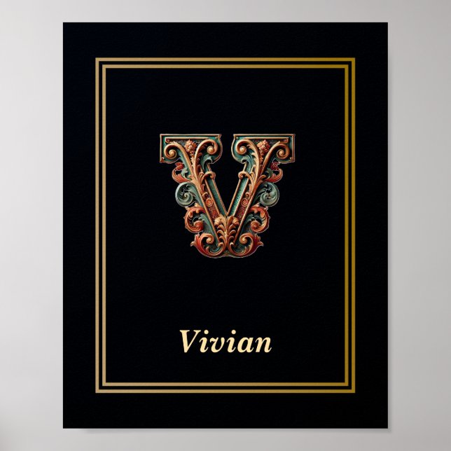 Luxury Baroque Letter V Monogram Poster  (Frente)