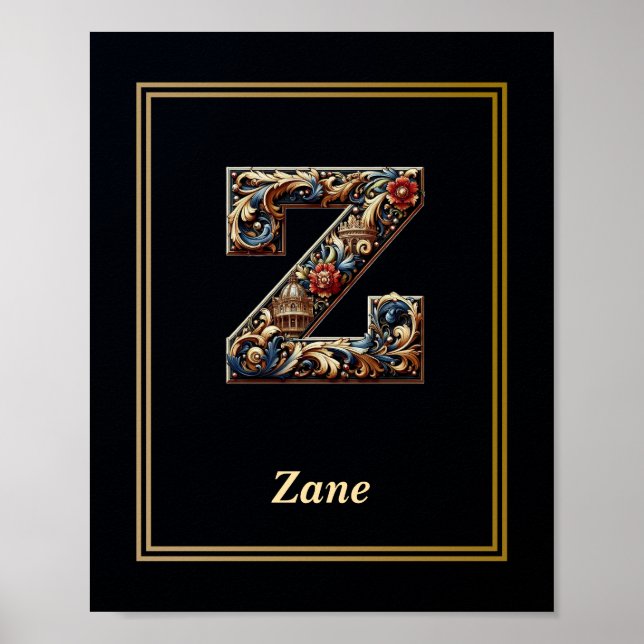 Luxury Baroque Letter Z Monogram Poster  (Frente)