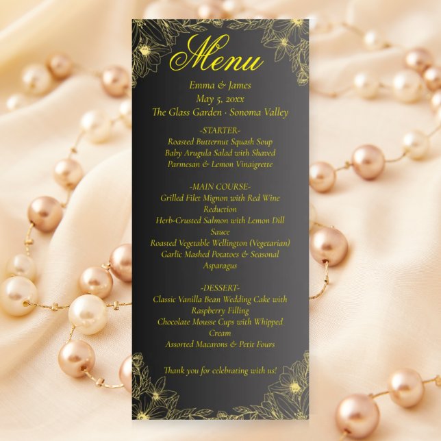 Luxury Black and Gold Wedding Menu Card (Criador carregado)