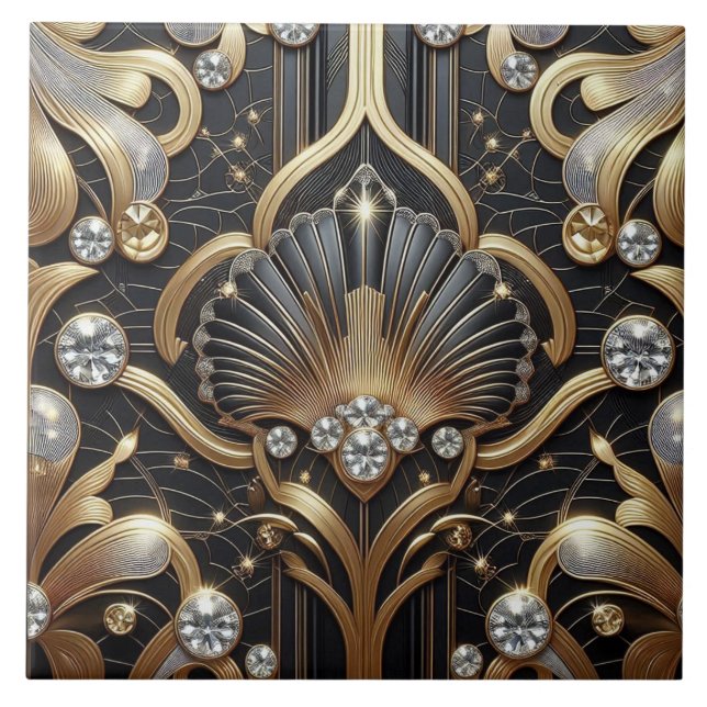 Luxury Black & Gold Art Deco Ceramic Tile  (Frente)