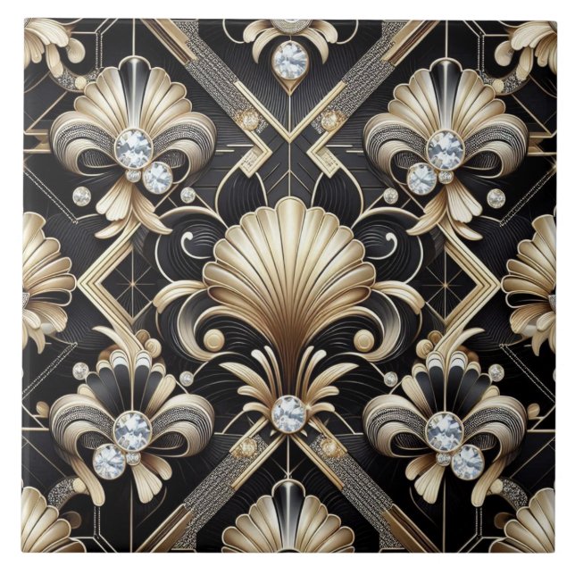 Luxury Black & Gold Art Deco Ceramic Tile  (Frente)