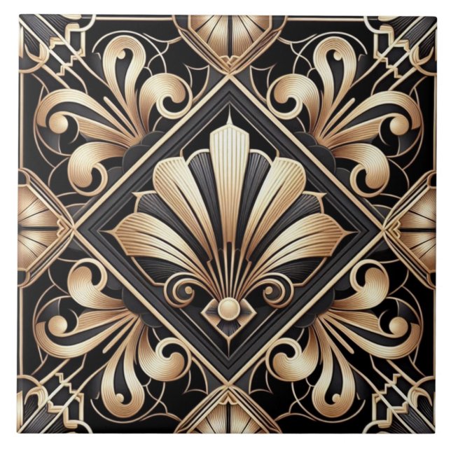 Luxury Black & Gold Art Deco Ceramic Tile  (Frente)