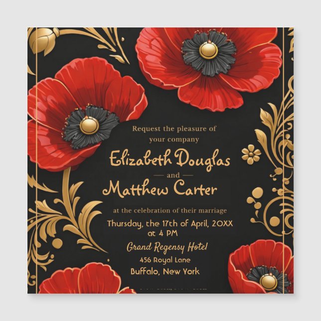 Luxury Black Red and Gold Floral Wedding  (Frente)