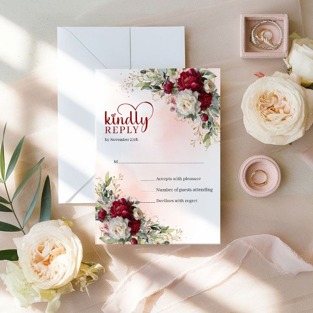 Luxury Boho Deep Red Gold Floral Wedding RSVP (Luxury Boho Deep Red Gold Floral Wedding RSVP)