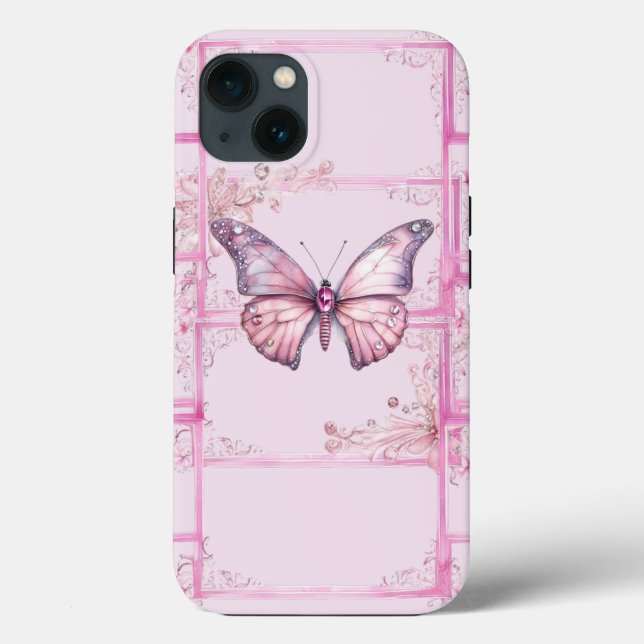 Luxury Borboleta Rosa Floral iPhone 13 Caso (Verso)