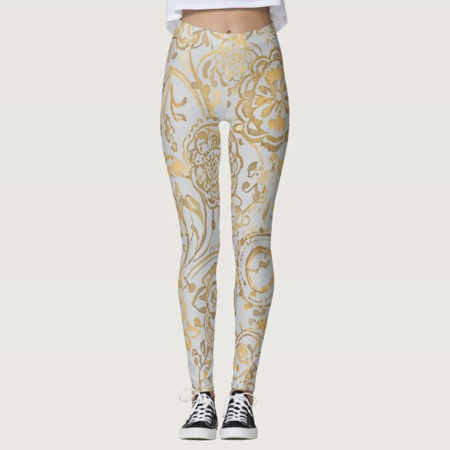 Luxury Gold Florals Soft Grey Leggings (Frente)