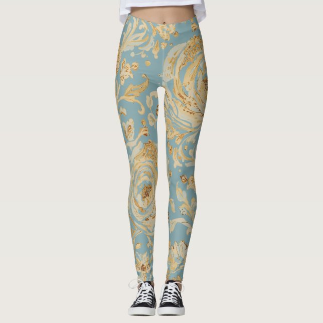 Luxury Gold Roses and Soft Blue Leggings (Frente)