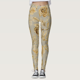 Luxury, Gold Roses and Taupe Beige Leggings