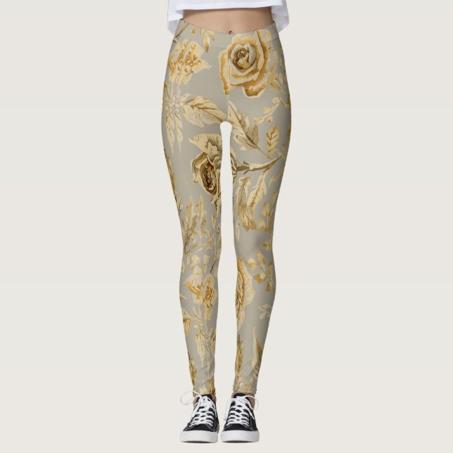 Luxury, Gold Roses and Taupe Beige Leggings (Frente)