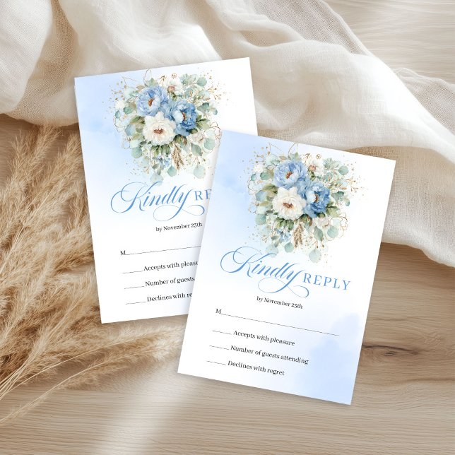 Luxury Light Blue Peonies Gold Wedding RSVP (Luxury Light Blue Peonies Gold Wedding RSVP)