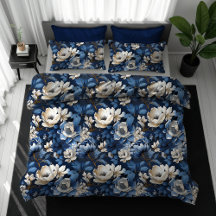 Luxury Navy Blue Flowers Duvet Cover Elegant Style