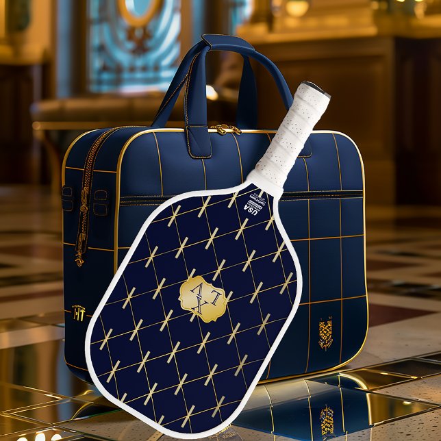 Luxury Navy Blue & Gold Lattice Monogram (Stylish Navy Blue and Gold Monogrammed Pickleball Paddle )