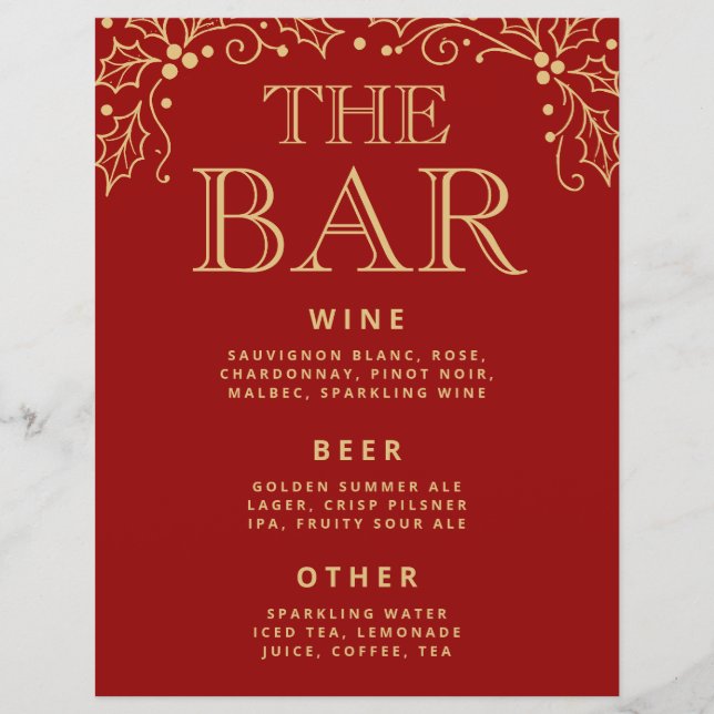Luxury Red & Antique Gold Wedding Bar Menu Sign (Frente)
