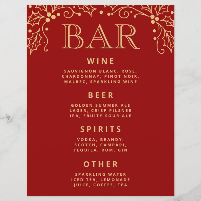 Luxury Red Antique Gold Wedding Bar Menu Tabletop (Frente)