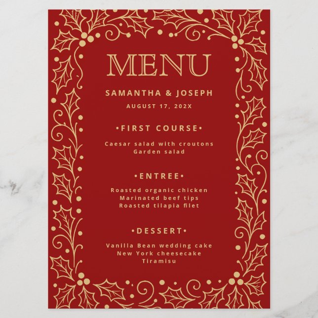 Luxury Red & Antique-Gold Wedding Menu Card (Frente)