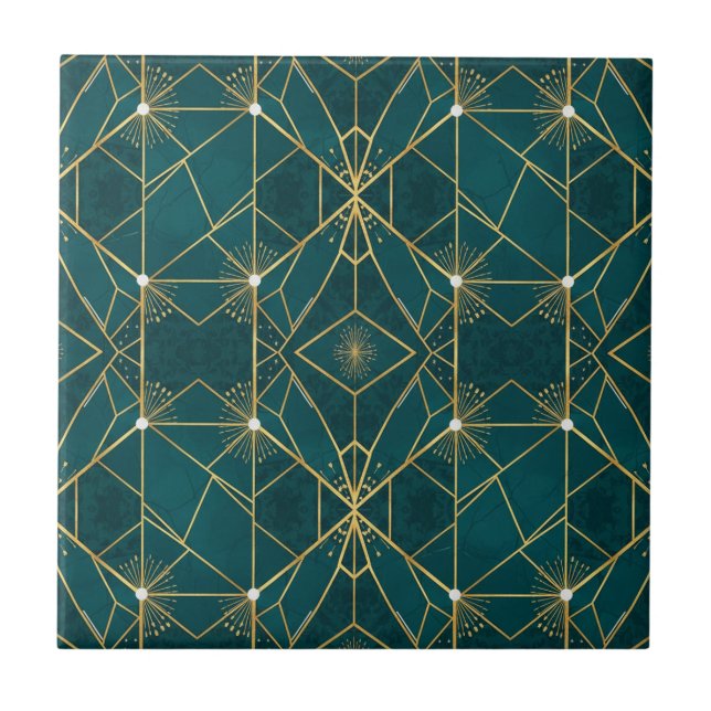 Luxury Teal & Gold Symmetrical Geometric Seamless  (Frente)