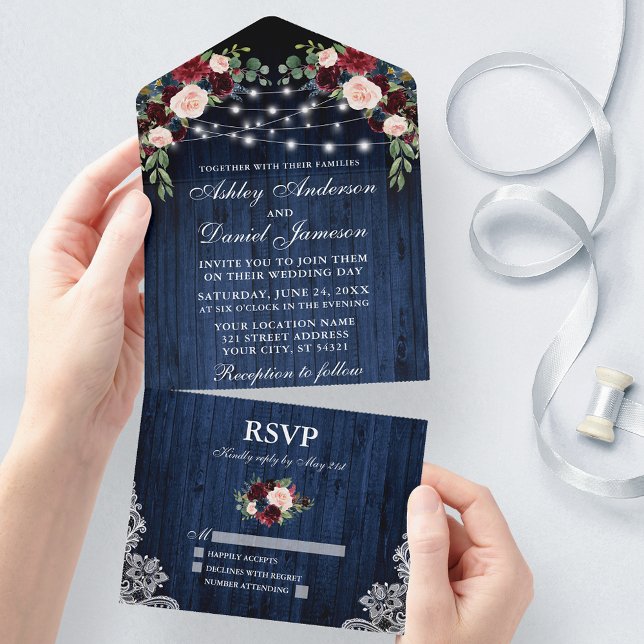 Luz Azul-Floral De Casamento Russo (All In One Wedding Invitation with tear off RSVP Card)