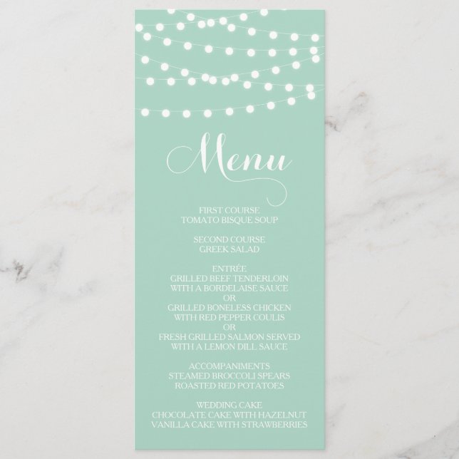 Luzes brancas de fada | Cartão de Menu Mint Weddin (Frente)