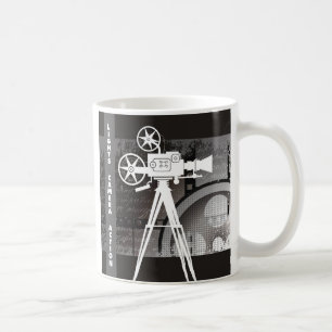 Luzes, câmera, caneca de café do tema do filme d
