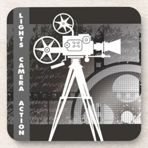 Luzes, câmera, porta copos do plástico do tema do