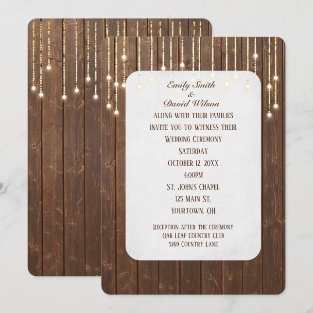 Luzes de Casamento em Convite de Madeira de Celeir (Frente/Verso)