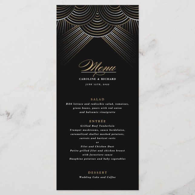 Luzes de Corda Art Déco Ouro Preto Menu Plano (Frente)