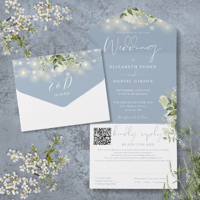 Luzes de Corda Azul Empoeirado com Código QR para  (Dusty Blue Greenery String Lights QR Code Wedding All In One Invitation)