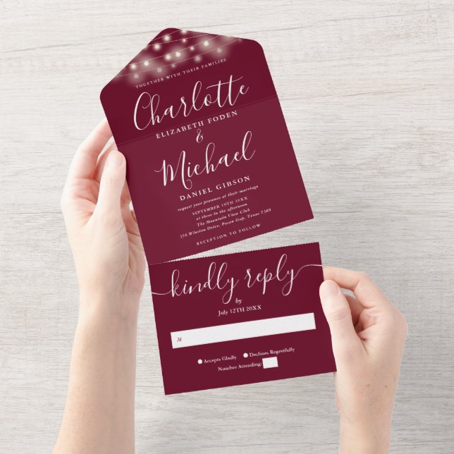 Luzes de Corda Burgundy Casamento Moderno Script (Aba destacável)