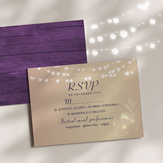 Luzes de Corda Cartão de RSVP de Casamento Rústico (Criador carregado)