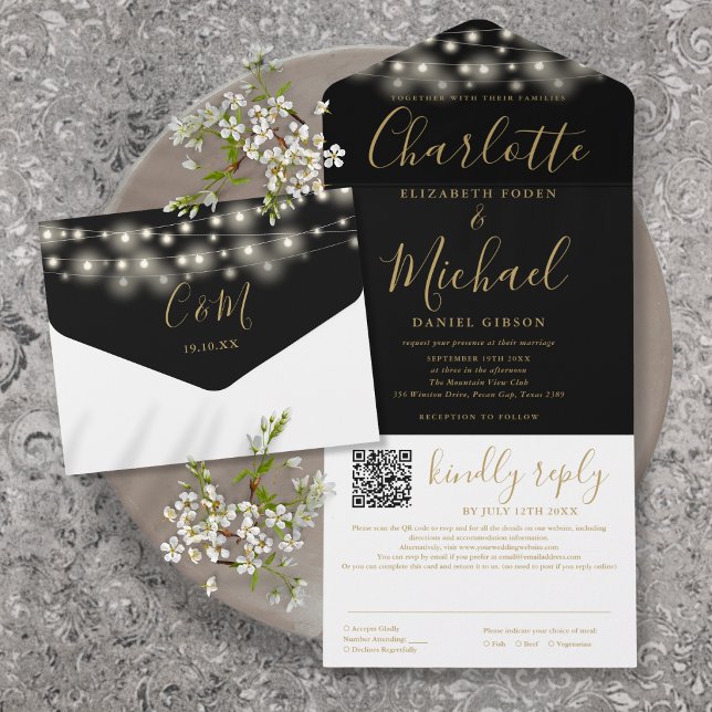 Luzes de Corda Casamento Código QR Script Preto Do (String Lights Black Gold Script QR Code Wedding All In One Invitation)