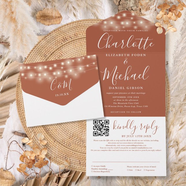 Luzes de Corda Casamento Código QR Script Terracot (String Lights Terracotta Script QR Code Wedding All In One Invitation)