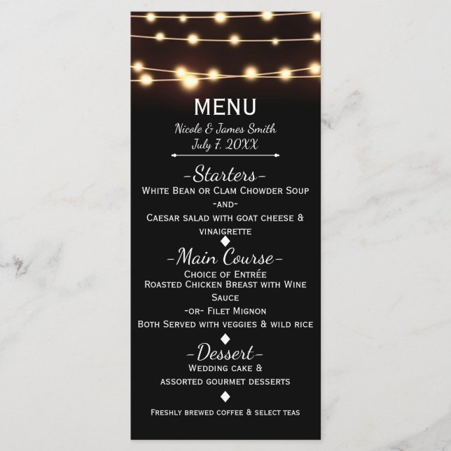 Luzes de Corda com Brilho Âmbar Menu de Casamento  (Frente)