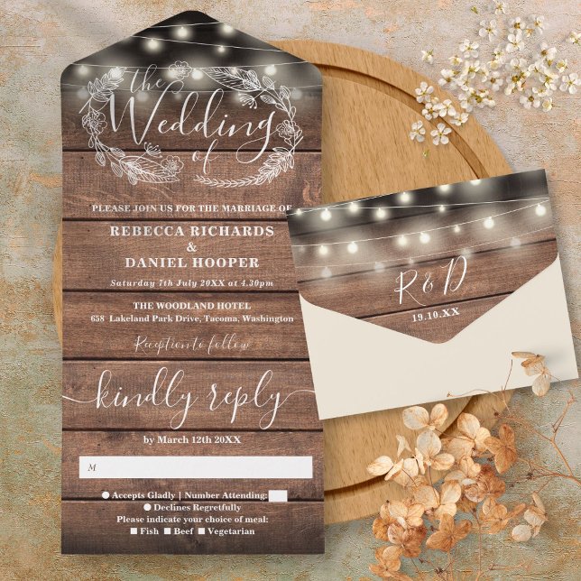 Luzes de Corda de Madeira de Celeiro Rústico Flora (Rustic Barn Wood String Lights Floral Wedding All All In One Invitation)