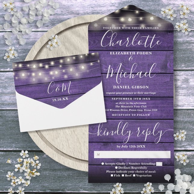 Luzes de Corda de Madeira de Celeiro Rústico Roxo  (Purple Rustic Barn Wood String Lights Wedding All In One Invitation)