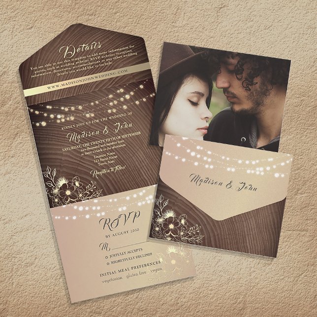 Luzes de Corda de Madeira Rústica Casamento (All in one: Invitation wedding details RSVP and the photo of the couple! All arranged as an envelope)
