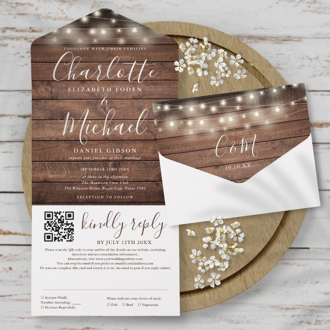 Luzes de Corda de Madeira Rústica Código QR Casame (Rustic Wood String Lights QR Code Wedding All In One)