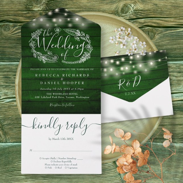 Luzes de Corda de Madeira Verde Rústica para Casam (Rustic Green Wood String Lights Floral Wedding All In One Invitation)