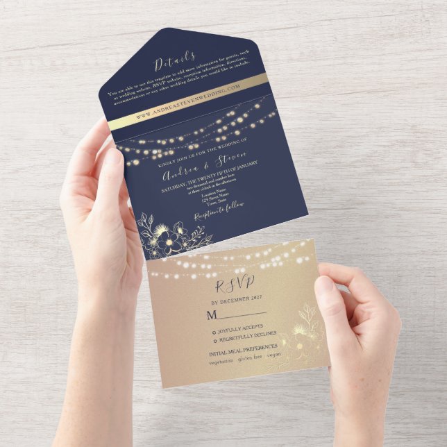 Luzes de Corda Dourada Azul Marinho Casamento (Aba destacável)
