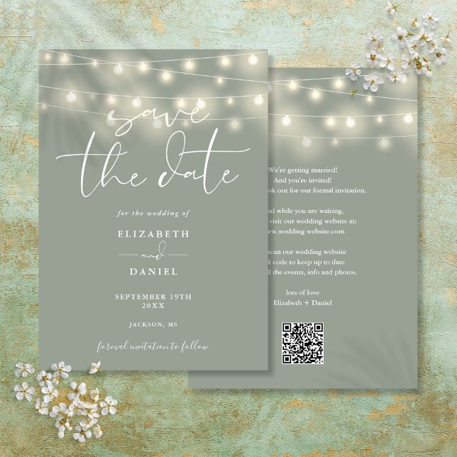 Luzes de Corda Elegantes Cartão de Casamento Códig (Elegant String Lights Sage Green QR Code Wedding Save The Date)