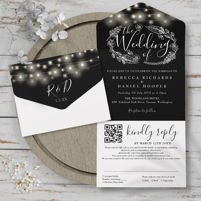 Luzes de Corda em Preto e Branco Código QR Casamen (Black And White String Lights QR Code Wedding All In One Invitation)