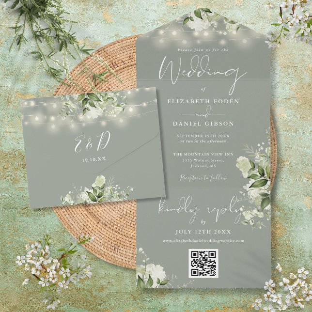 Luzes de Corda Floral Verde Salvia Código QR Casam (Sage Green Floral String Lights QR Code Wedding All In One Invitation)