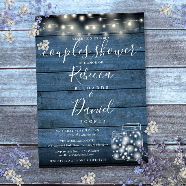 Luzes de Corda Jarras Azuis Convite Casal Chá de C (String Lights Blue Jars Script Couples Shower Invitation)