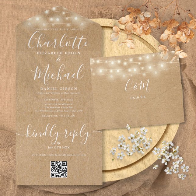 Luzes de Corda Kraft Rústico Código QR Casamento  (Rustic Kraft String Lights QR Code Wedding All In One Invitation)