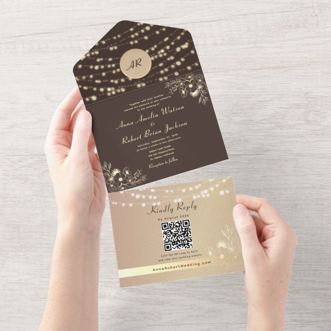 Luzes de Corda Marrom Espresso QR Foto Casamento (Aba destacável)
